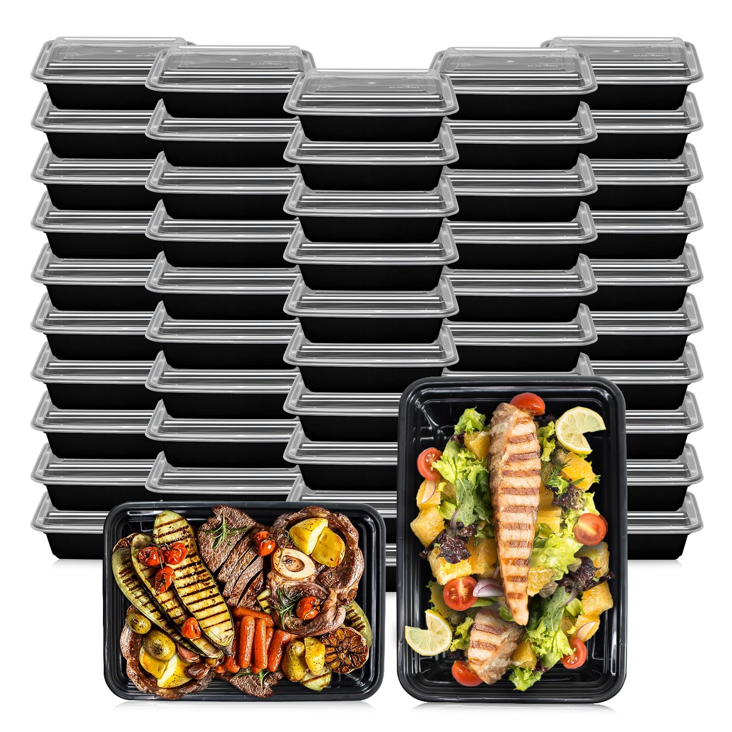 Klex 16 Oz, 50 Sets Meal Prep Containers with Airtight Lids, BPA Free, Reusable Plastic Food Container, 16 oz, Rectangular, Black/Clear, 50 Sets
