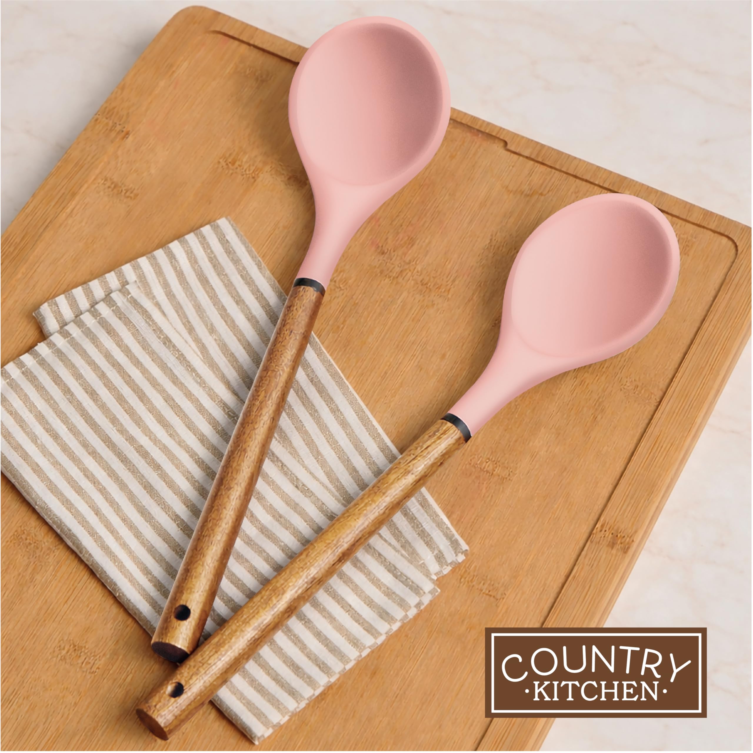 Country Kitchen Non Stick Silicone Utensil Set with Rounded Wood Handles for Cooking and Baking, 8 Piece Set, Pink