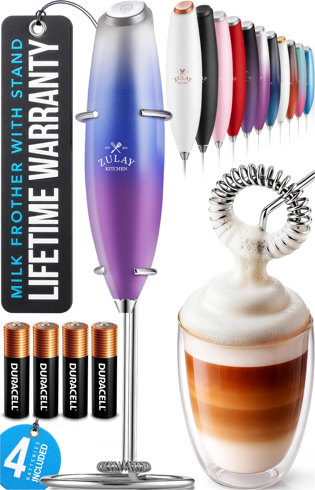 Zulay Kitchen Powerful Milk Frother Wand With Duracell Batteries - Ultra Fast Handheld Drink Mixer - Electric Whisk Foam Maker for Coffee, Lattes, Cappuccino & Matcha - Z1 Motor - Aqua