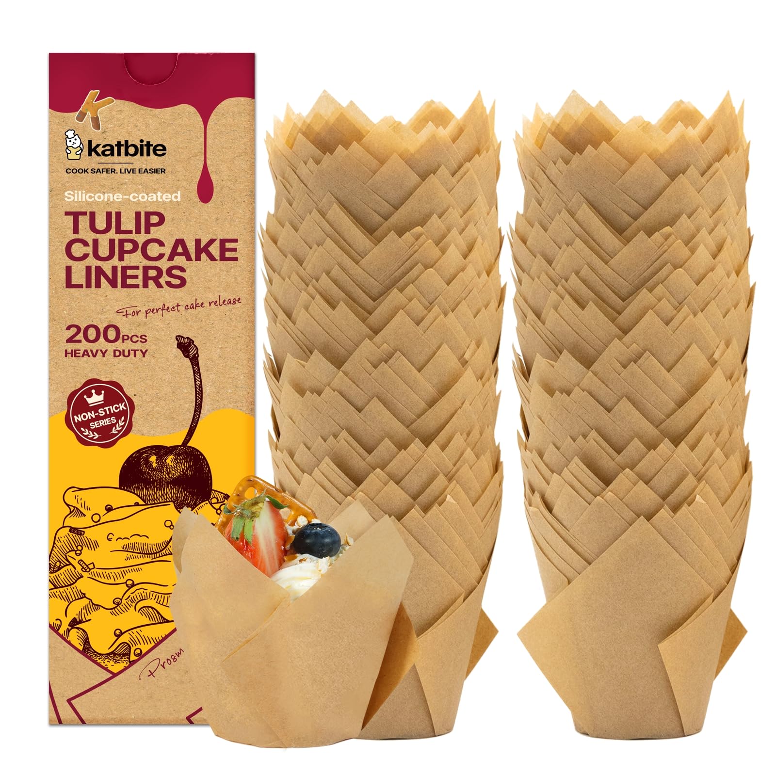 Katbite Tulip Cupcake Liners 200PCS, Muffin Baking Cups ProSmooth Brown