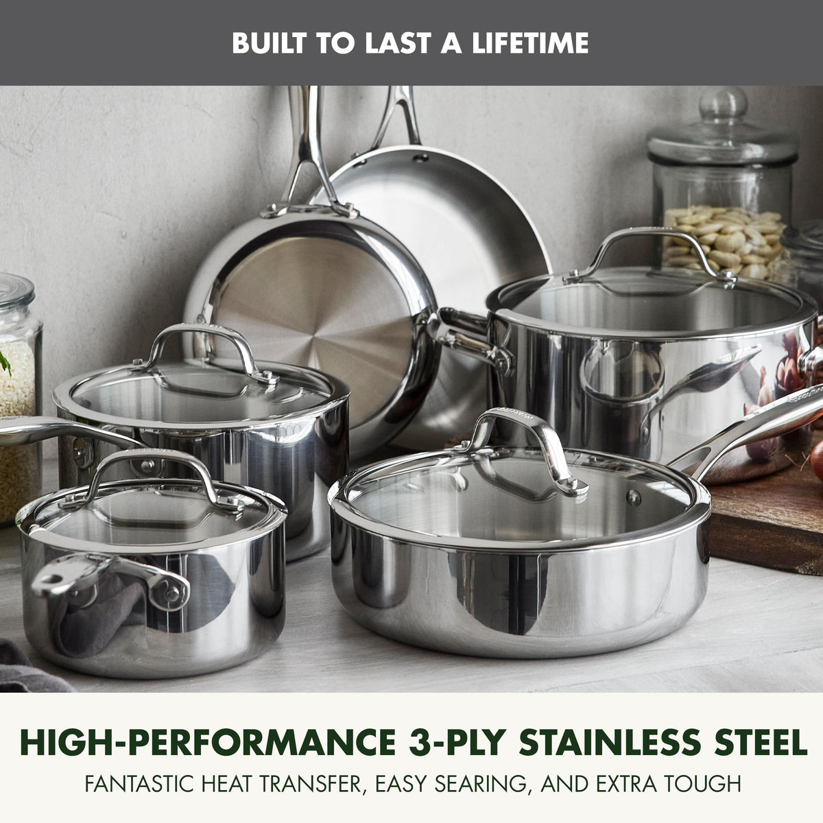 GreenPan Valencia Pro Tri-Ply Stainless Steel 10 Piece Cookware Set, Induction Ready Pots & Pans, Mirror Finish, Dishwasher & Oven/Broiler Safe to 600F, Compatible with All Cooktops