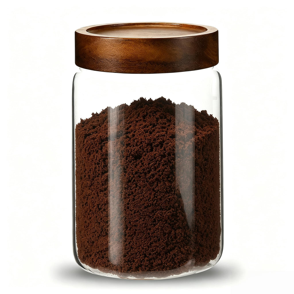 Patoper Airtight Glass Jars with Wooden Lid Glass Spice Jar Round Glass Storage Canister for Pantry Sugar Tea Coffee Bean Nuts Cookies Bath Salts (900ML*2PACK)