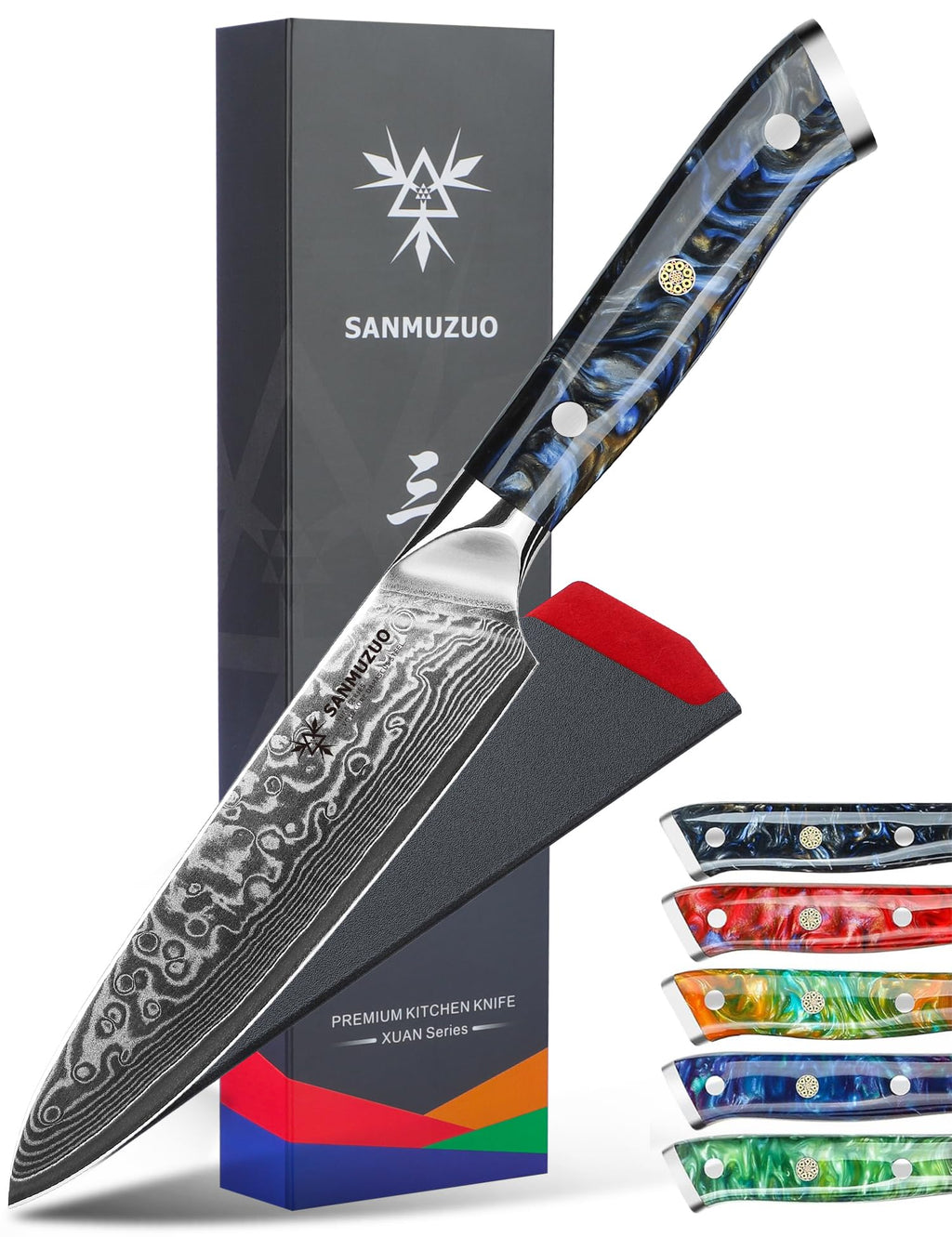 SANMUZUO 5 Inch Kitchen Utility Knife - Xuan Series Kitchen Knives - VG10 Damascus Steel with Resin Handle (Sunset Red)