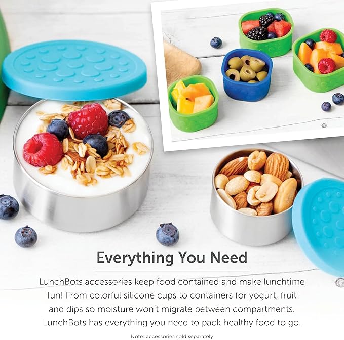 LunchBots Medium Trio II Snack Container - Divided Stainless Steel Food Container - Three Sections for Snacks On the Go - Eco-Friendly, Dishwasher Safe, BPA-Free - Stainless Lid - Blue Dots