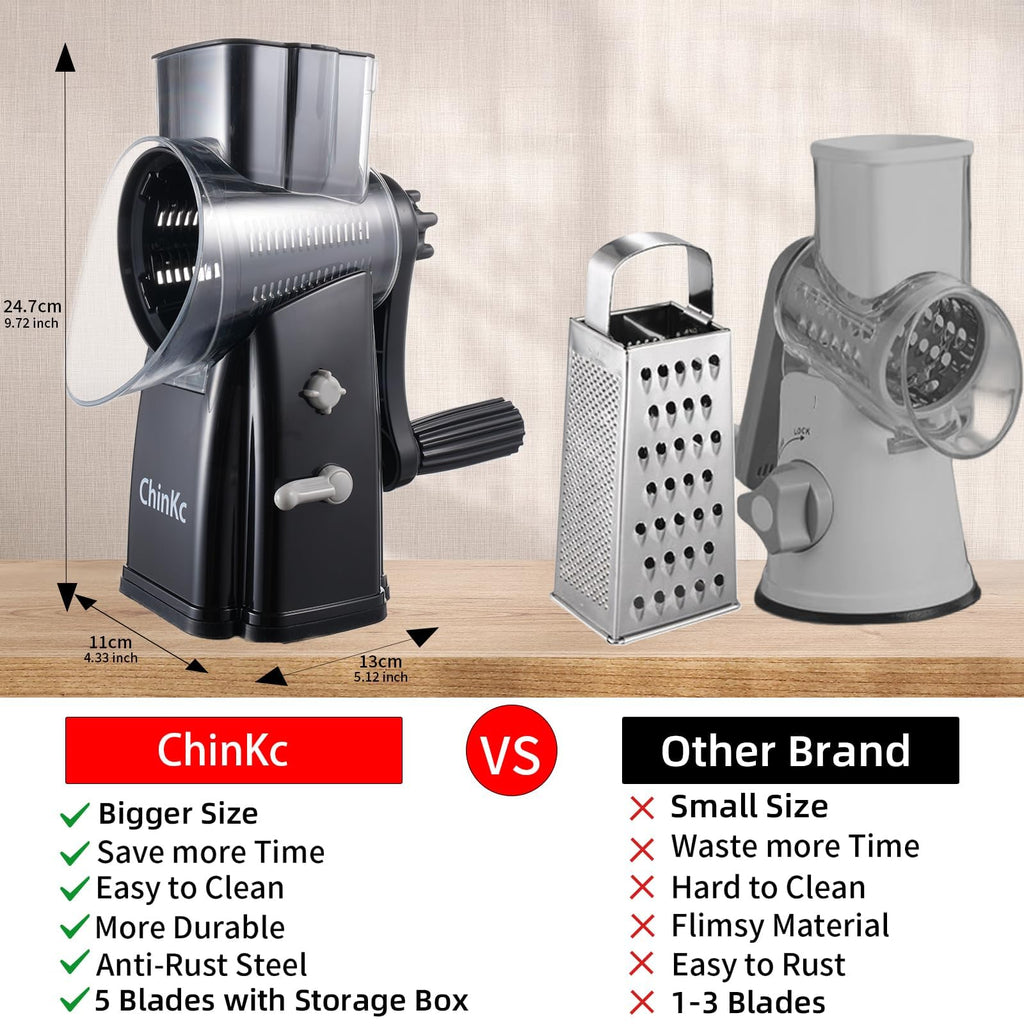 ChinKc Upgrade Rotary Cheese Grater Shredder with Handle, Strong Suction Base, Multi-purpose Rotary Grater Slicer with 5 Interchangeable Blades for Ice, Vegetables, Fruit, Nuts with Blade Storage Box