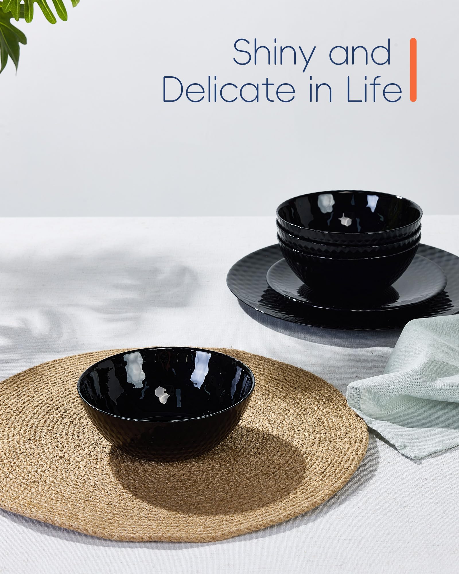 LaGlint 20 OZ Max Black Opal Glass Cereal Bowl Set of 6, 6 Inch