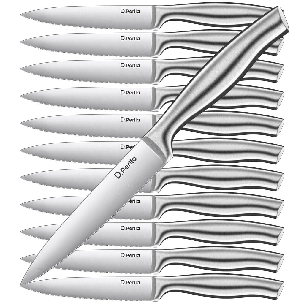 D.Perlla Steak Knives 12 Pieces Micro Serrated Steak Knife Set High Carbon Stainless Steel Steak Knives Set, Elegant Sharp Kitchen Steak Knife Set, Silver