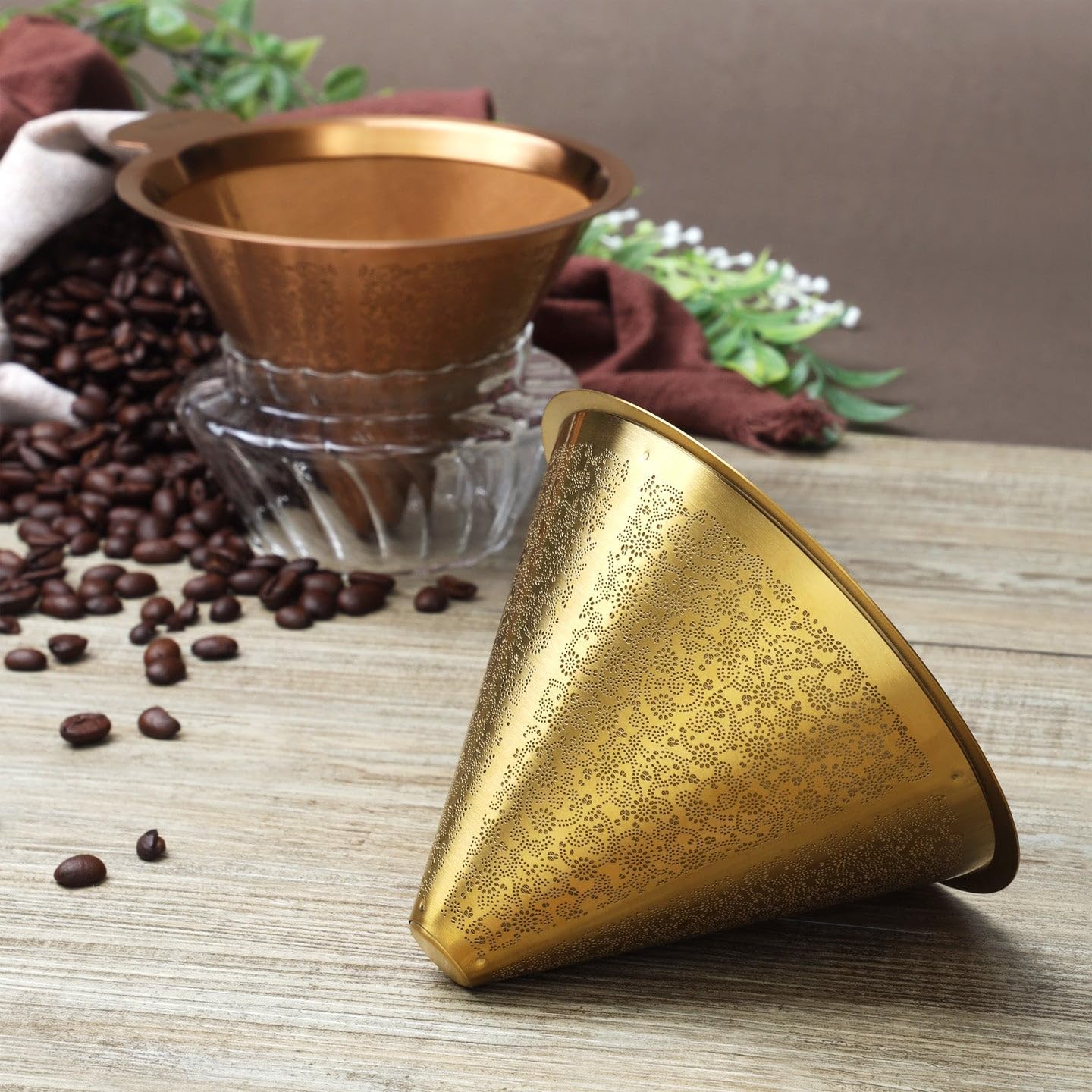ATHIA Golden Dripper Reusable Stainless Steel Coffee Filter Paperless Cone Filter for Drip Coffee Makers Eco-Friendly Easy Clean Compatible with Most Coffee Makers (Golden, Cone Shape)