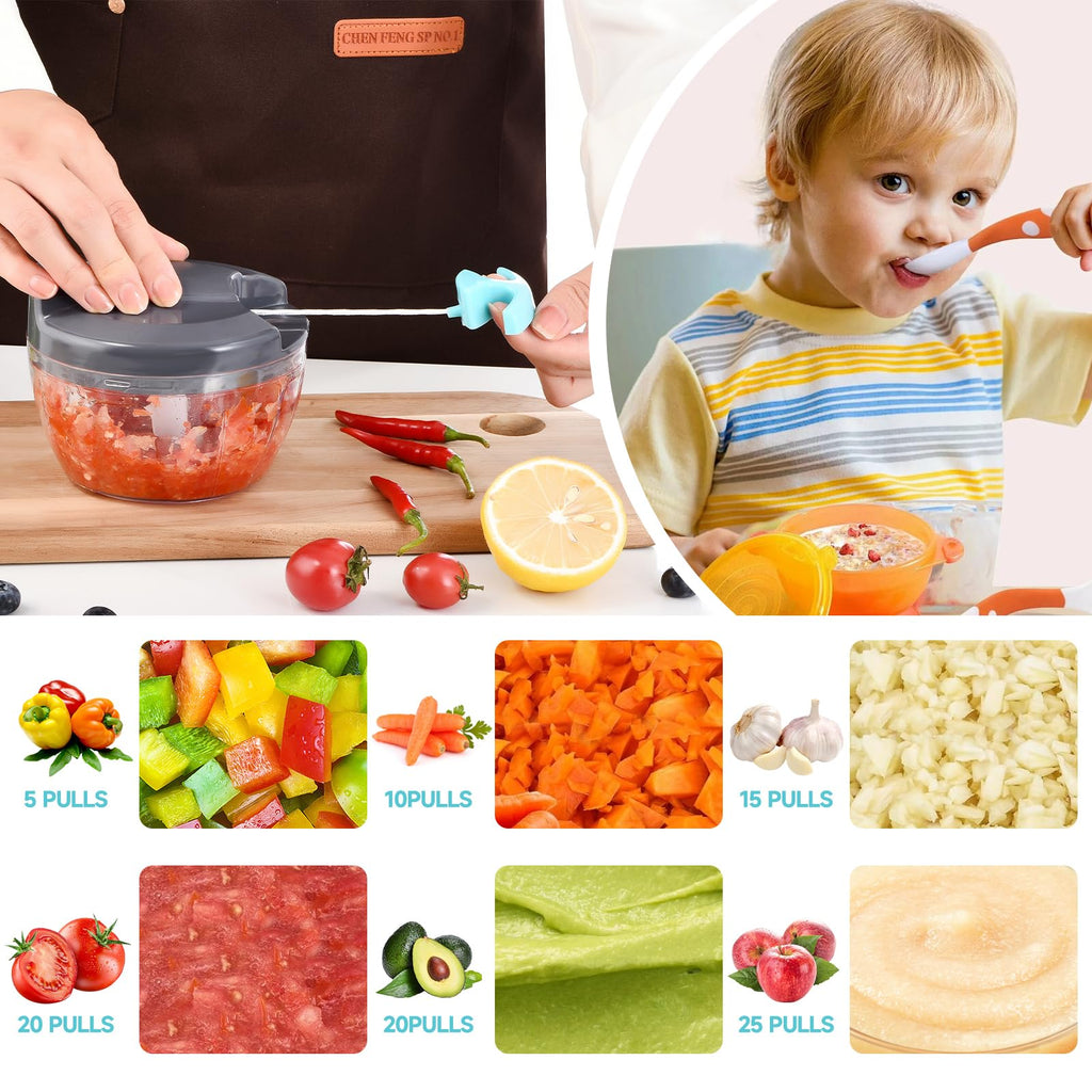 Ziweaye Manual Food Processor Vegetable Chopper, Portable Hand Pull String Garlic Mincer Onion Cutter for Veggies, Ginger, Fruits, Nuts, Herbs, etc., 500ml,（Gray-blue）
