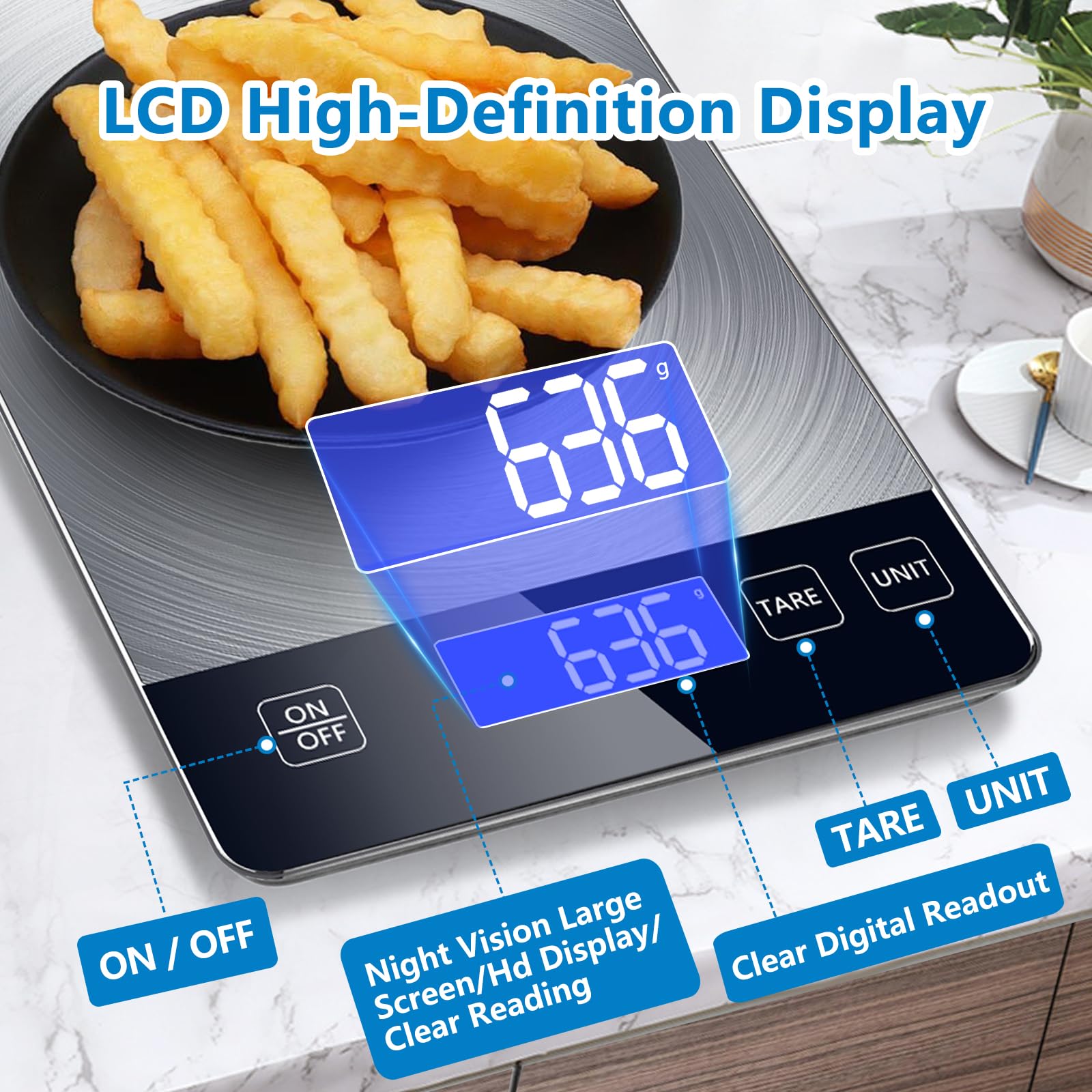 Food Kitchen Scale, Digital Food Scale 33lb Digital Kitchen Scale Precisely Measures Grams and Ounces for Meal Prep Baking and Cooking, Rechargeable 304 Stainless Steel Kitchen Scale LCD Display