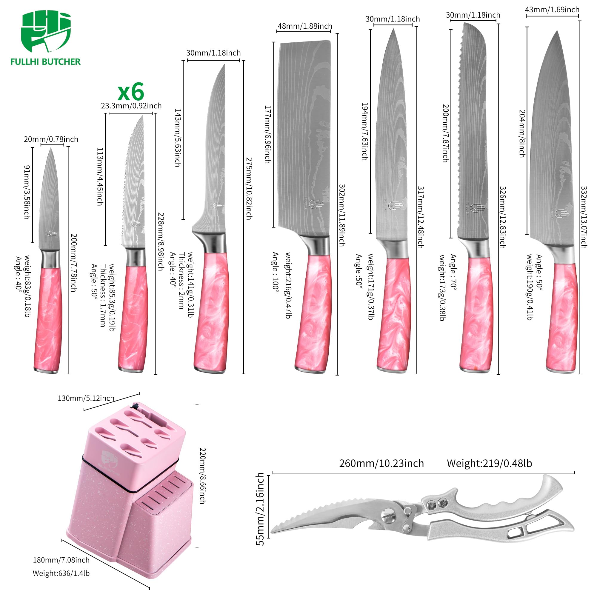 FULLHI 14pcs Block Knife Set, Chef's Knife Steak Knives Set with Block and Sharpener, Kitchen Knife Set, Multi-colour Handle, Gifts for Men Women