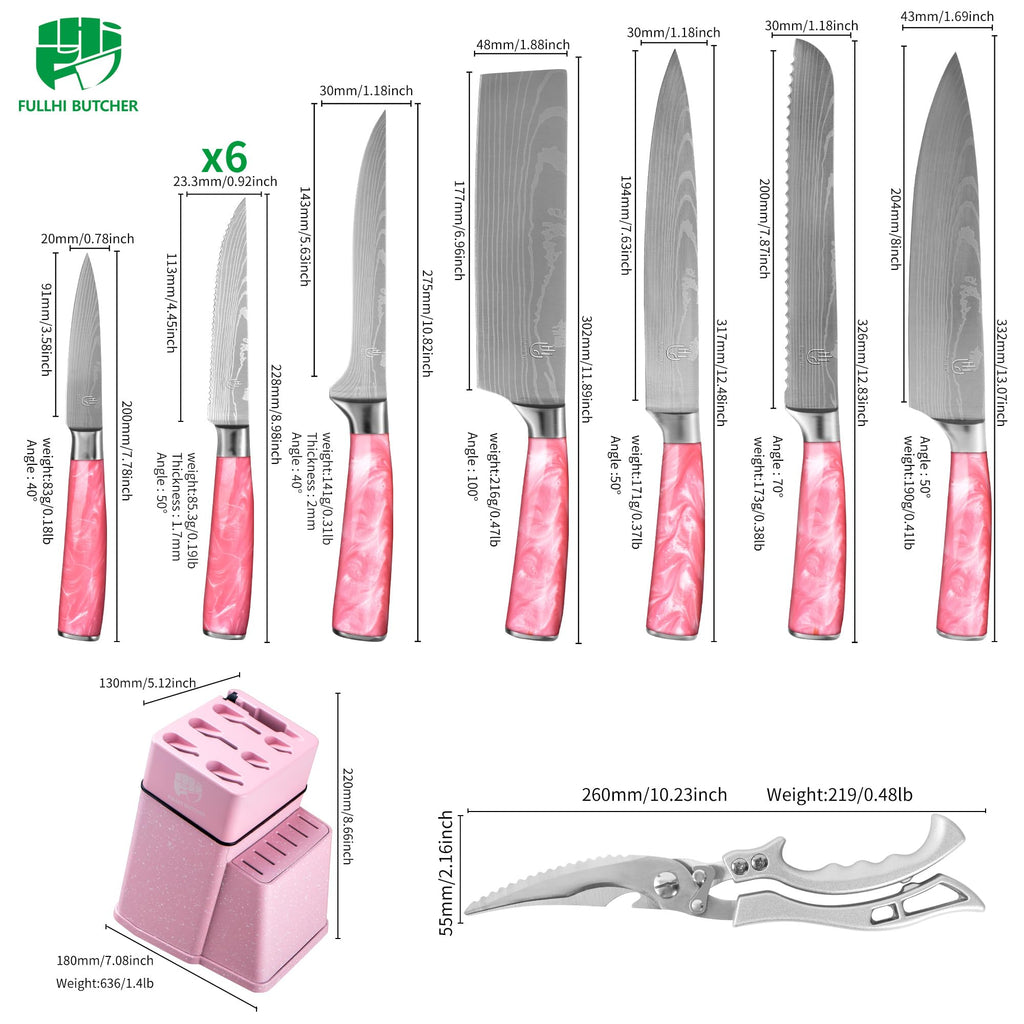 FULLHI 14pcs Block Knife Set, Chef's Knife Steak Knives Set with Block and Sharpener, Kitchen Knife Set, Multi-colour Handle, Gifts for Men Women