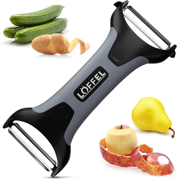LÖFFEL Peeler for Potato Vegetable Orange - Heavy Duty Double Sided Dual Purpose Non Slip Grip Apple Fruit Y Shaped with Ultra Sharp Stainless Steel Straight and Serrated Blades, Dishwasher Safe