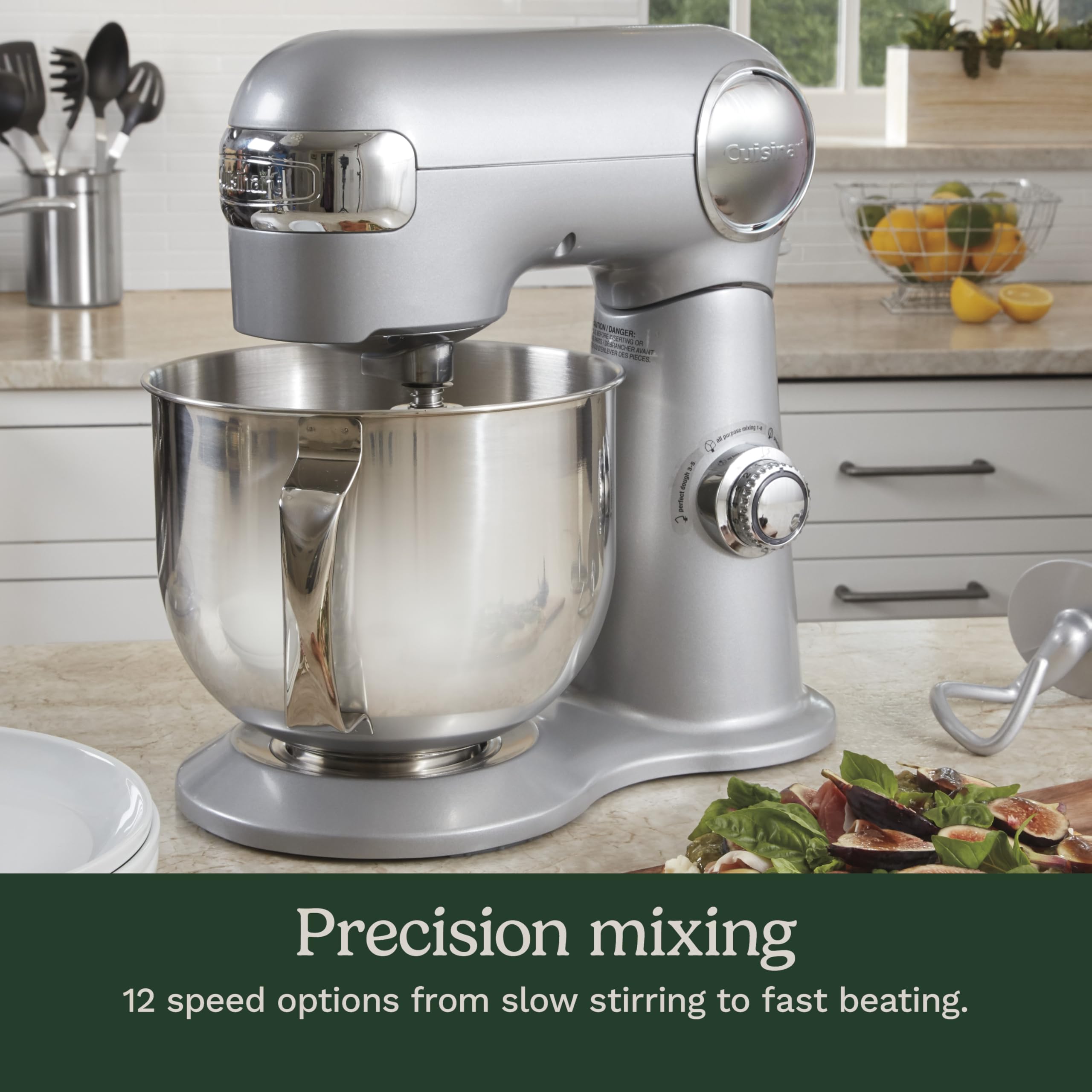 Cuisinart Stand Mixer, 12 Speeds, 5.5-Quart Mixing Bowl, Chef's Whisk, Flat Mixing Paddle, Dough Hook, and Splash Guard with Pour Spout, Silver Lining, SM-50BCNAS, Silver Lining