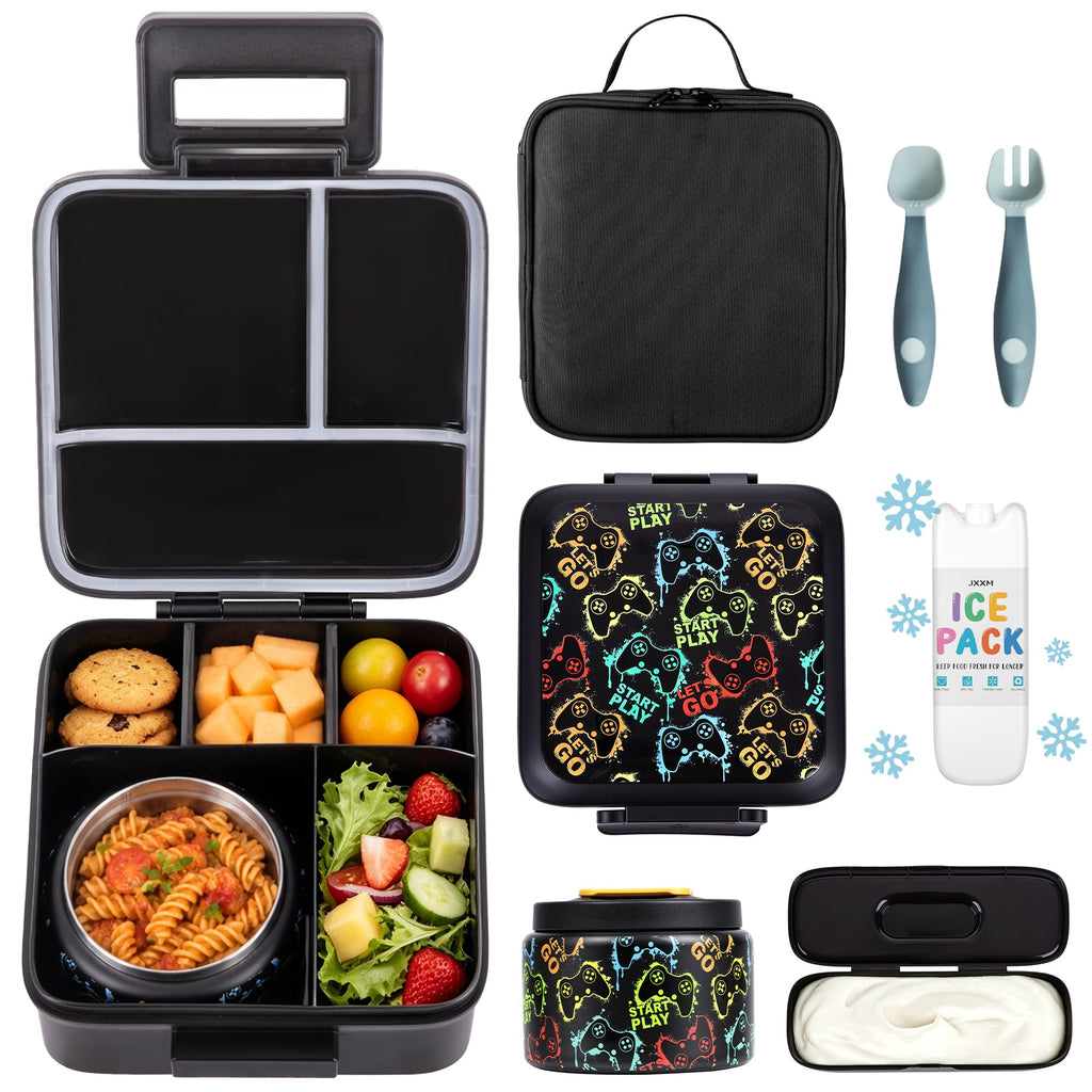 JXXM Bento Lunch Box for Kids With 8oz Soup thermo,Leak-proof Lunch Containers with 5 Compartment,thermo Food Jar and Lunch Bag, Food Containers for School (A-Blue(Dinosaur))