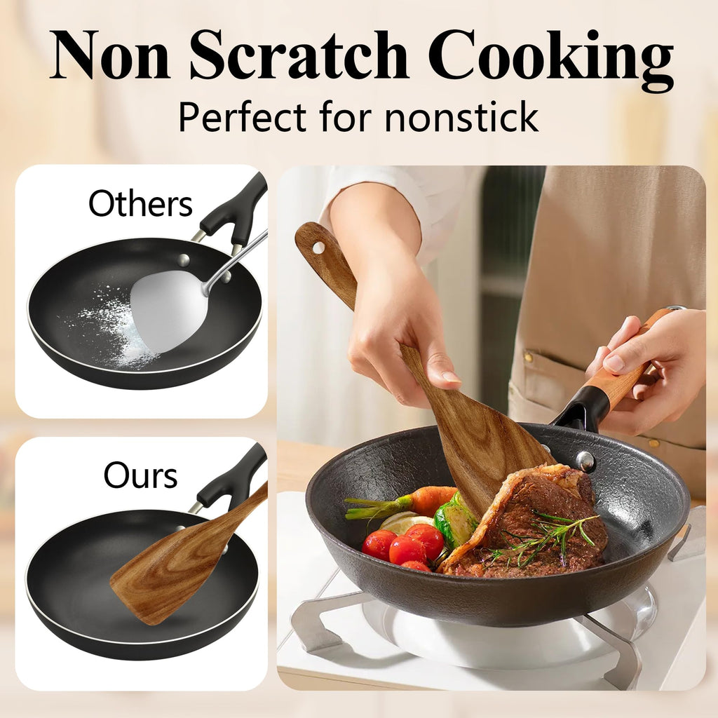 Wooden Spatula, Heat Resistant Cooking Wood Spatulas Spurtles for Non Stick Cookware Kitchen Use, Handmade Non Toxic Teak Wooden Cooking Utensil Spurtle Set for Cast Iron Baking Flipping, 4 Piece