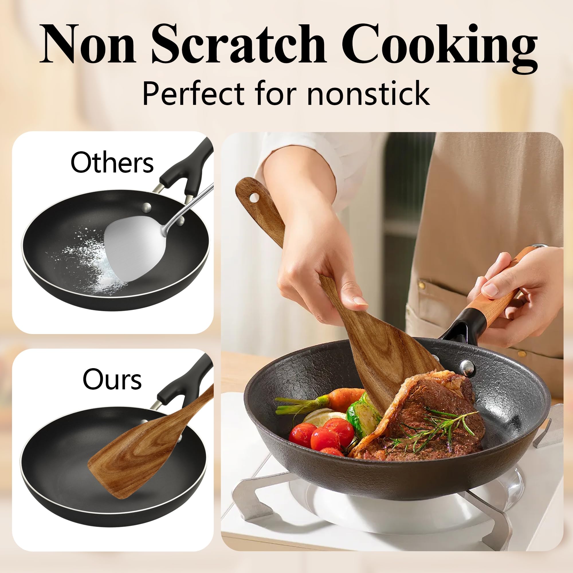 Wooden Spatula, Heat Resistant Cooking Wood Spatulas Spurtles for Non Stick Cookware Kitchen Use, Handmade Non Toxic Teak Wooden Cooking Utensil Spurtle Set for Cast Iron Baking Flipping, 4 Piece