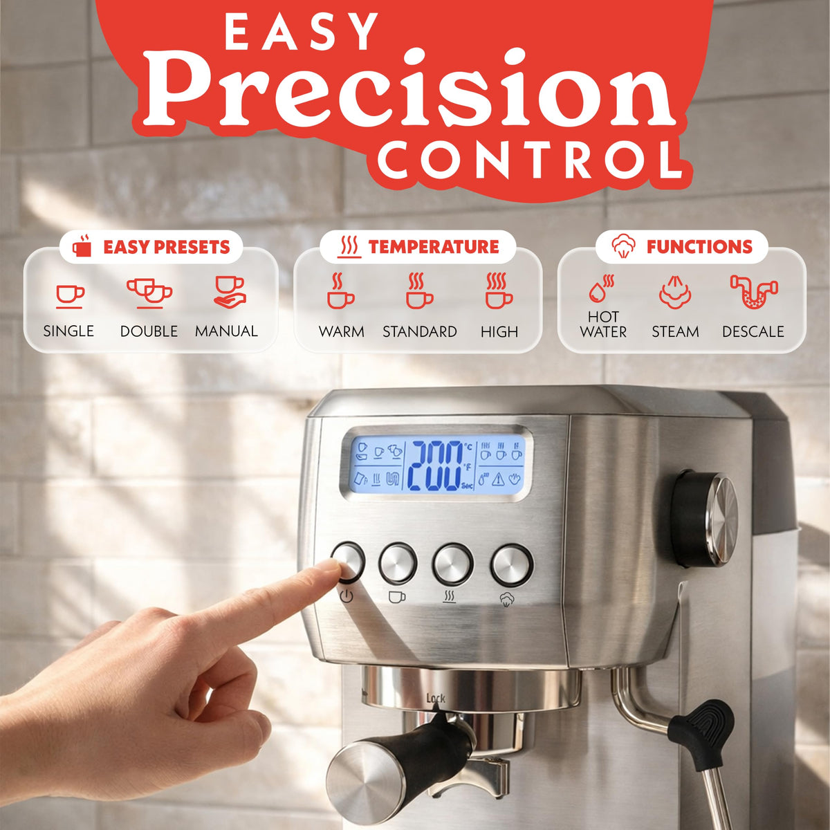 Gourmia Slim Espresso Machine with LCD Screen - Milk Frother, Adjustable Temperature, Manual & Auto Brew, Single/Double Shot, Hot Water Dispenser, Descaling Mode, Compact