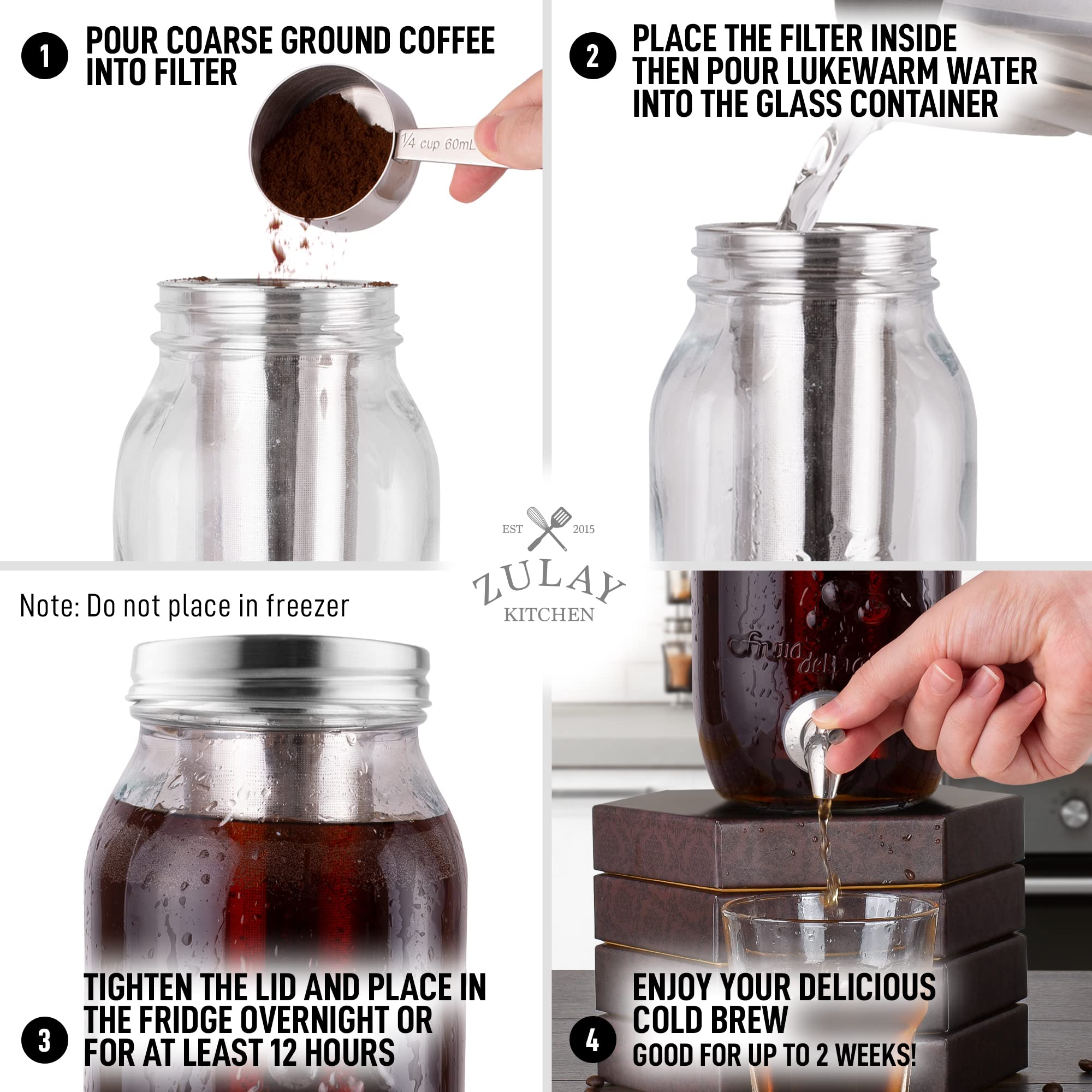Zulay Kitchen 1.5 Liter Cold Brew Coffee Maker with EXTRA-THICK Glass Carafe & Stainless Steel Mesh Filter - Premium Iced Coffee Maker, Cold Brew Pitcher & Tea Infuser