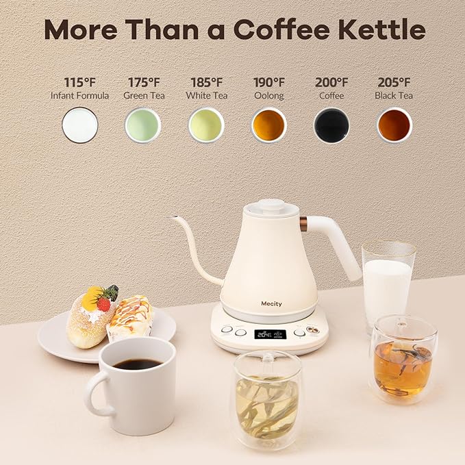 Mecity Electric Gooseneck Kettle With Keep Warm Function & LCD Display Automatic Shut Off Coffee Kettle Temperature Control Pour Over Kettle 1200 Watt, 0.8L, 120V, Off White
