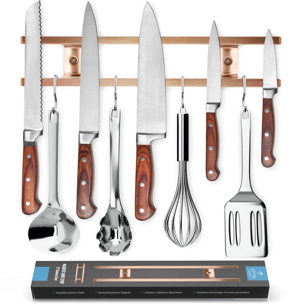 Zulay (12 Inch) Stainless Steel Magnetic Knife Holder For Wall - Powerful Knife Magnetic Strip With Extra Hanging Hooks - Wall Mount Magnetic Knife Strip & Organizer For Kitchen & Tools (Copper)