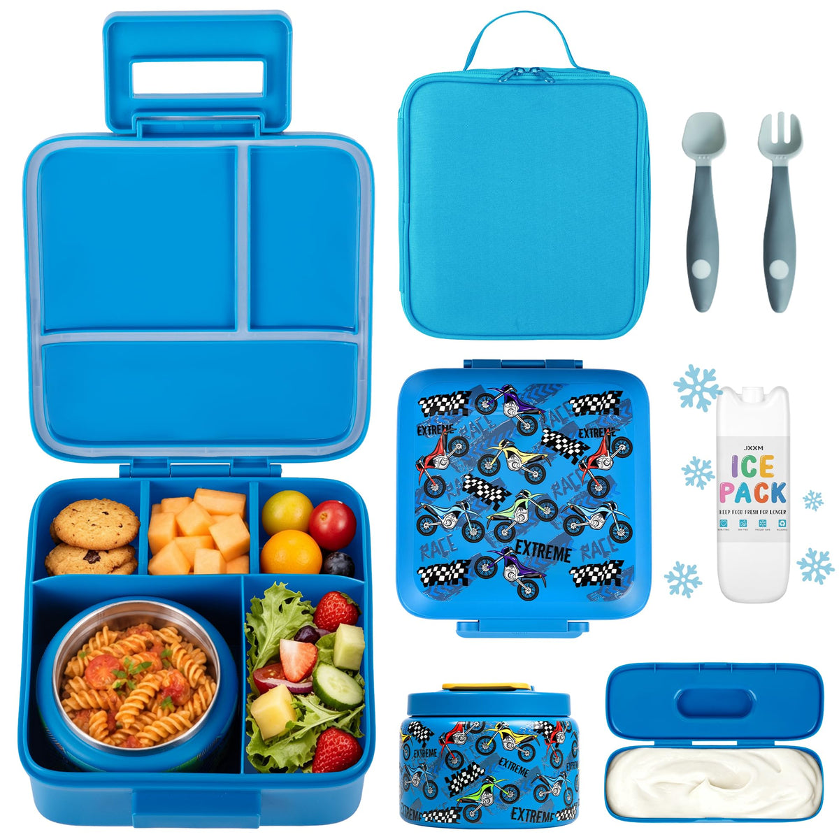 JXXM Bento Lunch Box for Kids With 8oz Soup thermo,Leak-proof Lunch Containers with 5 Compartment,thermo Food Jar and Lunch Bag, Food Containers for School (A-Blue(Dinosaur))