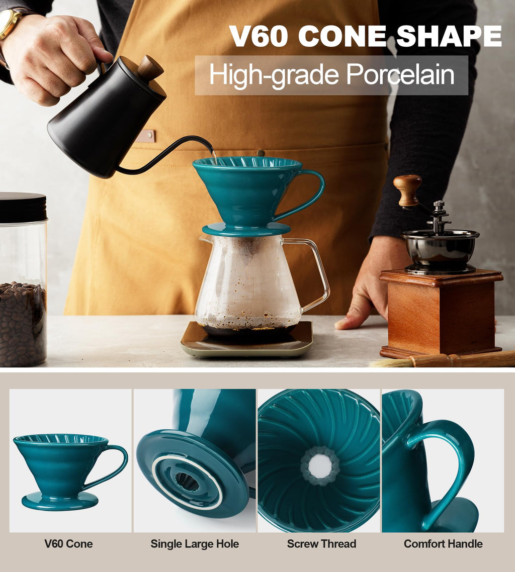 Wmazio Pour Over Coffee Dripper - Ceramic Pour Over Coffee Maker Cone, Porcelain Coffee Drip, Pour Over Single Cup, Manual Brew Maker for Home, Cafe, Office - 1-4Cup, V60 Size 02 (Dark green)