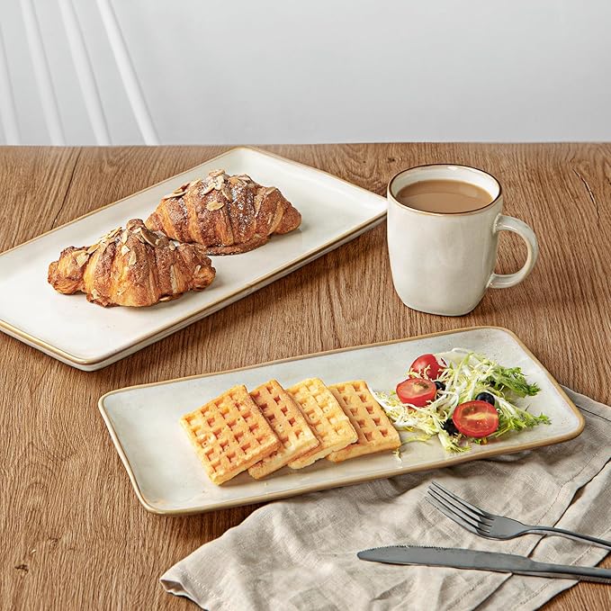 famiware Serving Platter, Rectangular 15.67/14.1/12.6 inch Serving Dishes for Entertaining, Microwave Dishwasher Safe, Stonware Serving Trays for Party, Turkey, Cheese, Ocean Series, Cappuccino White