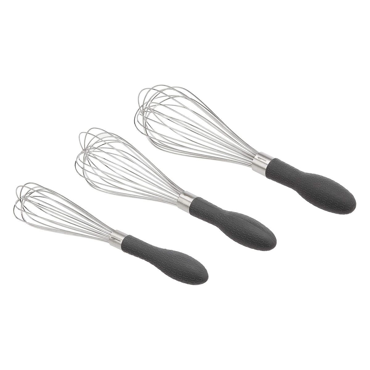Amazon Basics Stainless Steel Wire Whisk Set for Cooking, Different Sizes, Easy to Hold Ergonomic Handle, 3 Piece, Black/Silver