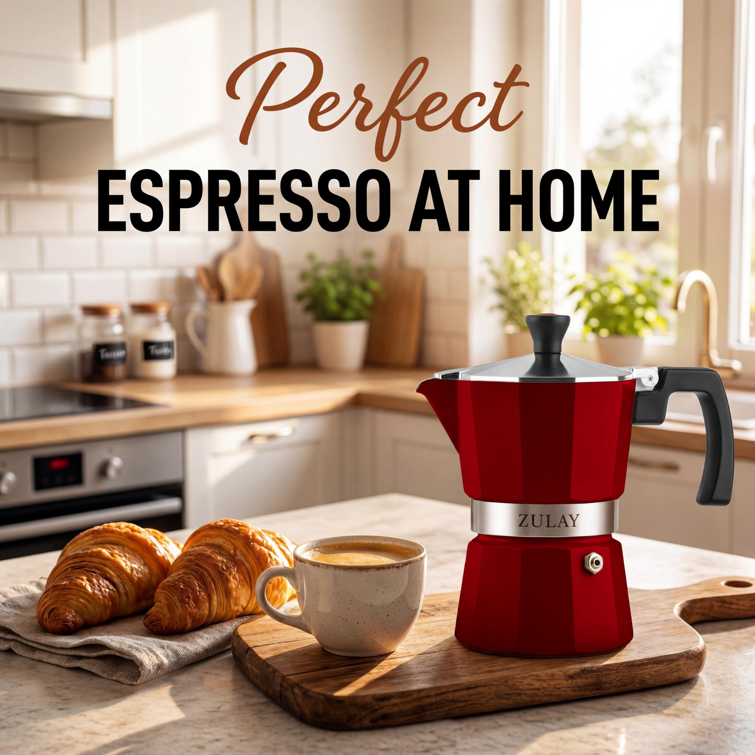 Zulay Moka Pot Espresso Stovetop Coffee Maker - Leak-Proof, Stainless Steel, Easy to Clean, Heat Resistant Handle & Knob - for Authentic Cuban & Italian Style Espresso - Makes 3 Espresso Cups - Red