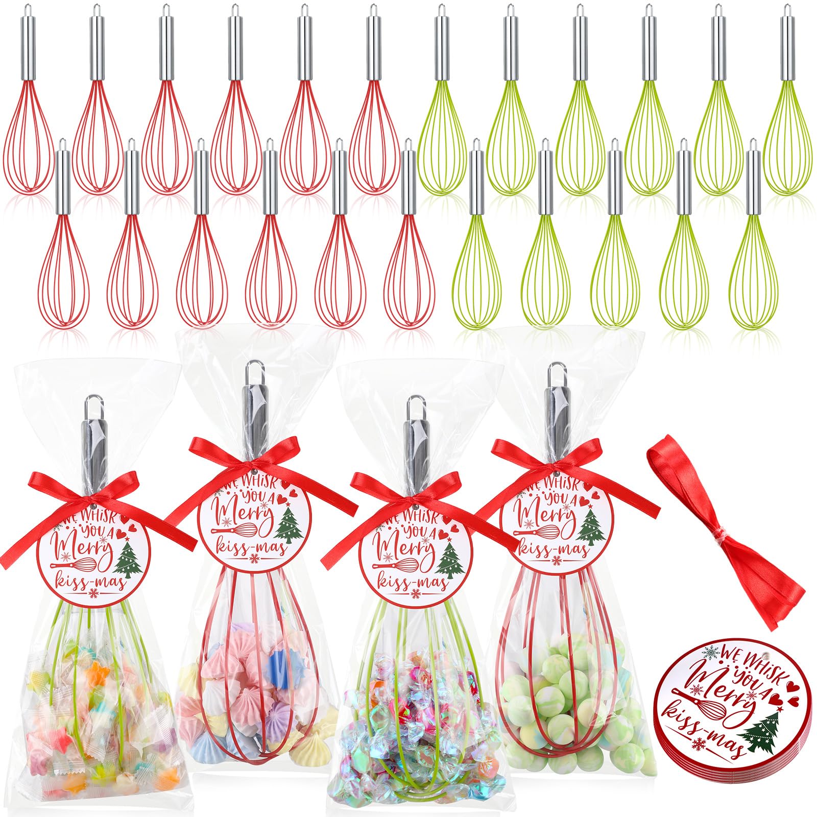 FoldTier 72 Sets 12 Inch Christmas Whisks Gifts DIY Fillable Christmas Tree Ornaments Xmas Colored Silicone Whisks for Cooking Heat Resistant Egg Beaters with Card Rope Bag for Candy Holder