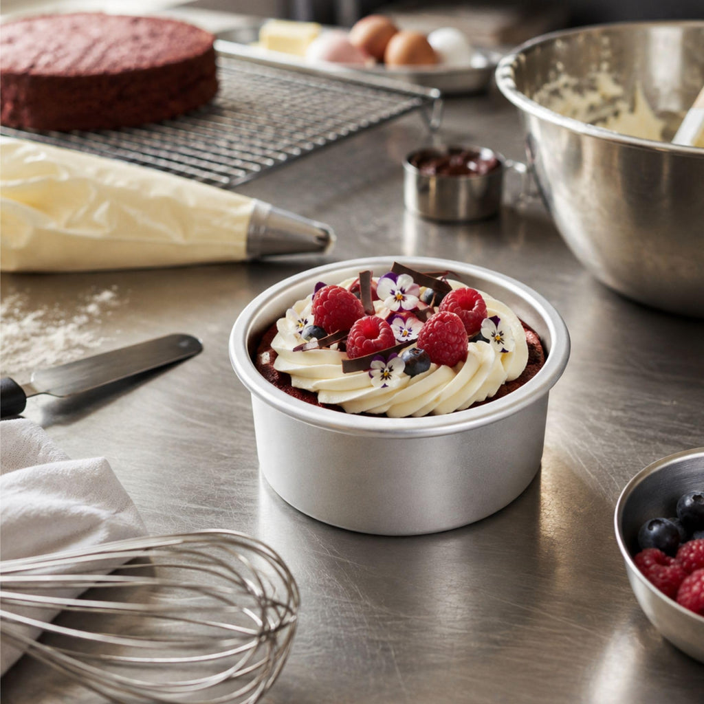 Restaurantware-Met Lux 4 x 2 Inch Straight-Sided Baking Tin, 1 Round Cake Pan - Oven-Ready, Freezable, Anodized Aluminum Round Baking Pan, Greaseproof, For Layer Birthday Cake
