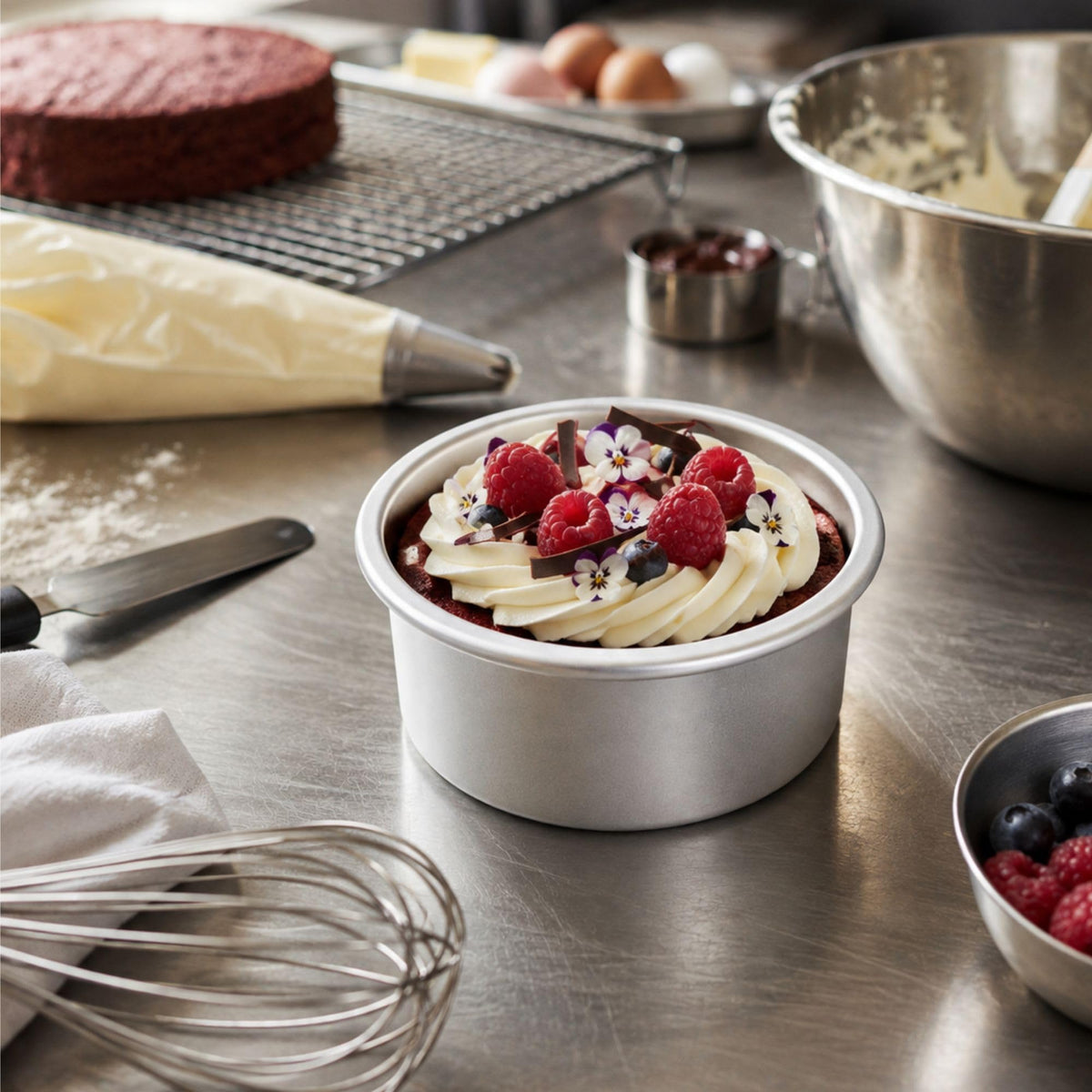 Restaurantware-Met Lux 4 x 2 Inch Straight-Sided Baking Tin, 1 Round Cake Pan - Oven-Ready, Freezable, Anodized Aluminum Round Baking Pan, Greaseproof, For Layer Birthday Cake