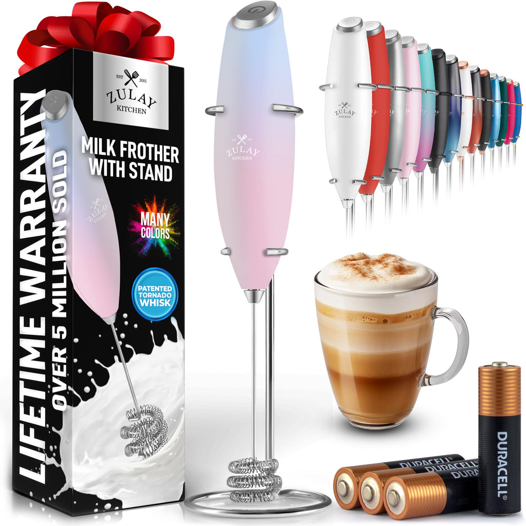 Zulay Kitchen Powerful Milk Frother Wand With Duracell Batteries - Ultra Fast Handheld Drink Mixer - Electric Whisk Foam Maker for Coffee, Lattes, Cappuccino & Matcha - Triple Whisk - Orchid Bloom