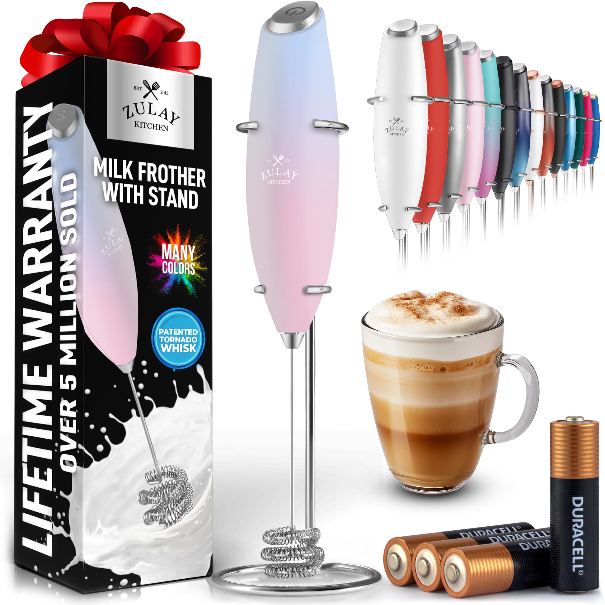 Zulay Kitchen Powerful Milk Frother Wand With Duracell Batteries - Ultra Fast Handheld Drink Mixer - Electric Whisk Foam Maker for Coffee, Lattes, Cappuccino & Matcha - Triple Whisk - Orchid Bloom