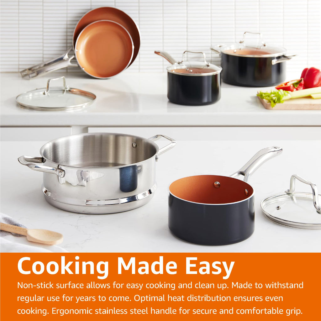 Amazon Basics Ceramic Nonstick Cookware Set, Induction Ready, Dishwasher & Oven Safe, Even Heating, 10-Piece Set with Frying Pans, Saucepans, Glass Lids, Copper Color