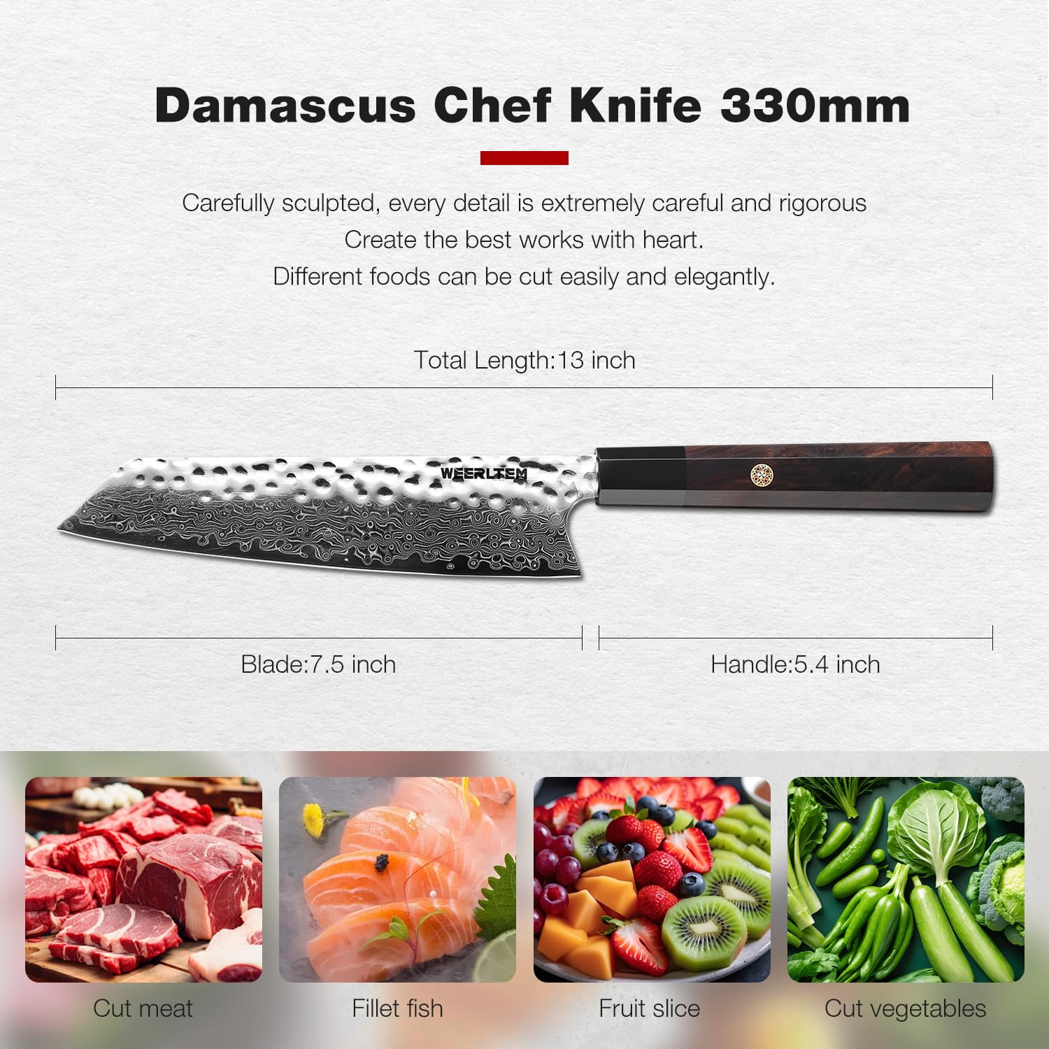 WEERLTEM Kiritsuke Chef Knife 8 Inch, Hand-forged 67-Layer VG10 High Carbon Steel Japanese Damascus Chef Knife, Ultra Sharp Hammered Damascus Chef Knife with Octagonal Ebony Handle & Gift Box