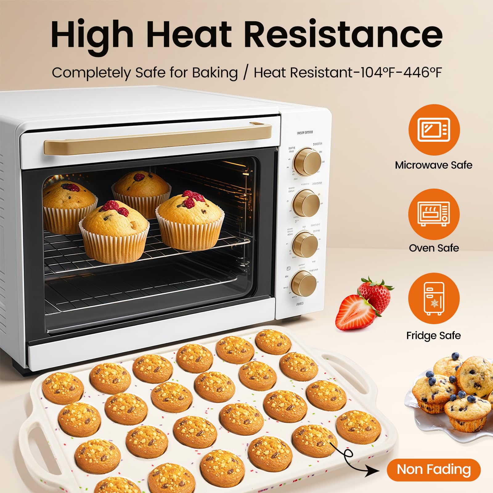 Fimary Silicone Muffin Pans With Metal Reinforced Frame - 24 Cups Durable Silicone Baking Pan for Muffins, Cupcakes, BPA Free and Dishwasher Safe - Beige with Rainbow Spots, Set of 2