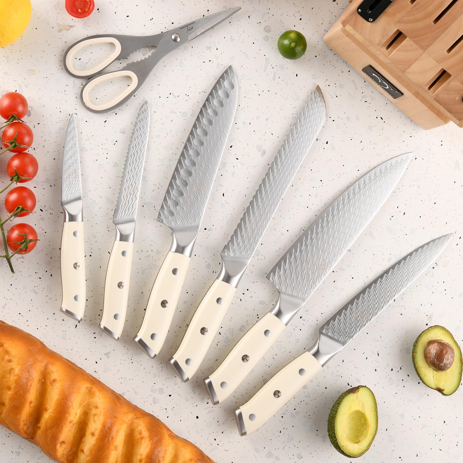 NANFANG BROTHERS® 10-Piece VG10 Damascus Knife Set, Rubberwood Block
