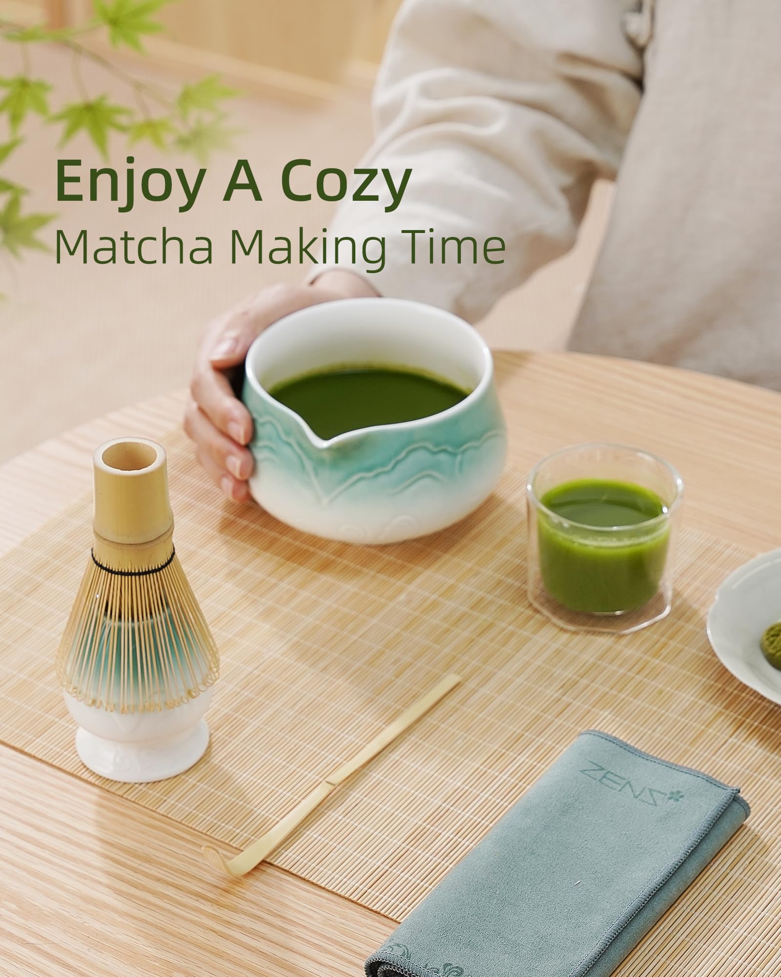 ZENS Matcha Whisk Set, 5pcs Matcha Kit Set Includes Ceramic Bowl, Bamboo Whisk and Chasen Holder, Scoop & Tea Mat for Matcha Ceremony, Blue