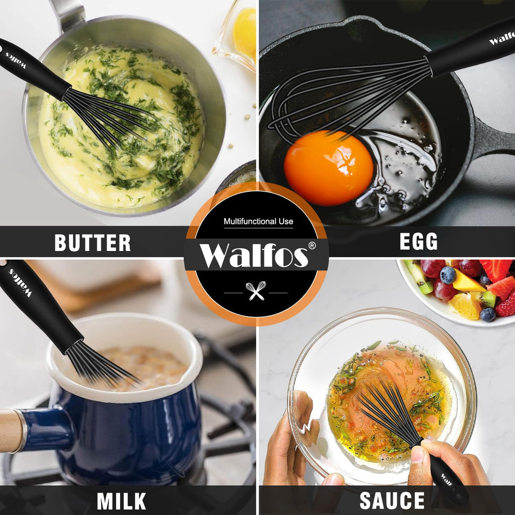 Walfos Whisk 5+7in Mini Whisk,Silicone Whisks Non Scratch Heat Resistant (480°F). Nice for stirring individual eggs and mixing small amounts of powder and sauce.Dishwasher Safe.Black