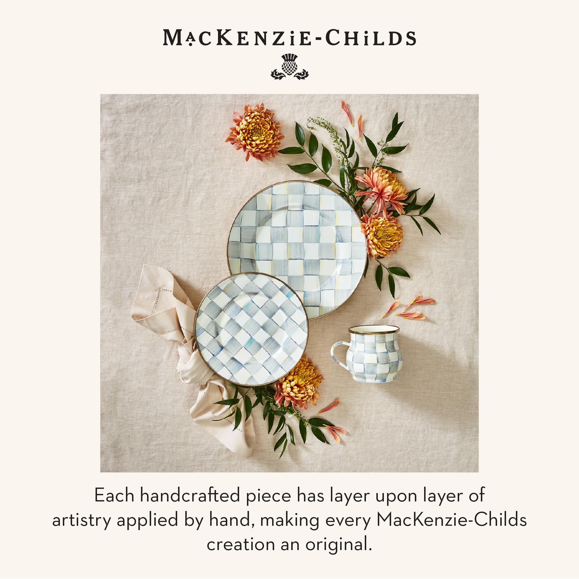 MACKENZIE-CHILDS Enamel Salad and Dessert Plate, Small Plate for a Dessert or Appetizer Dish, 8 Inches, Set of 4, Gray-and-White Sterling Check