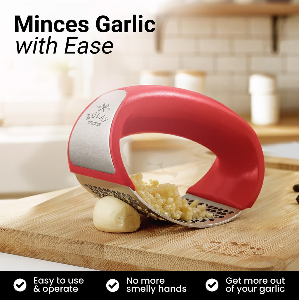 Zulay Kitchen Stainless Steel Garlic Press Rocker Set - Premium Garlic Mincer Garlic Crusher - New Innovative Garlic Crusher with Peeler and Scraper - Comfortable Grip (Red)