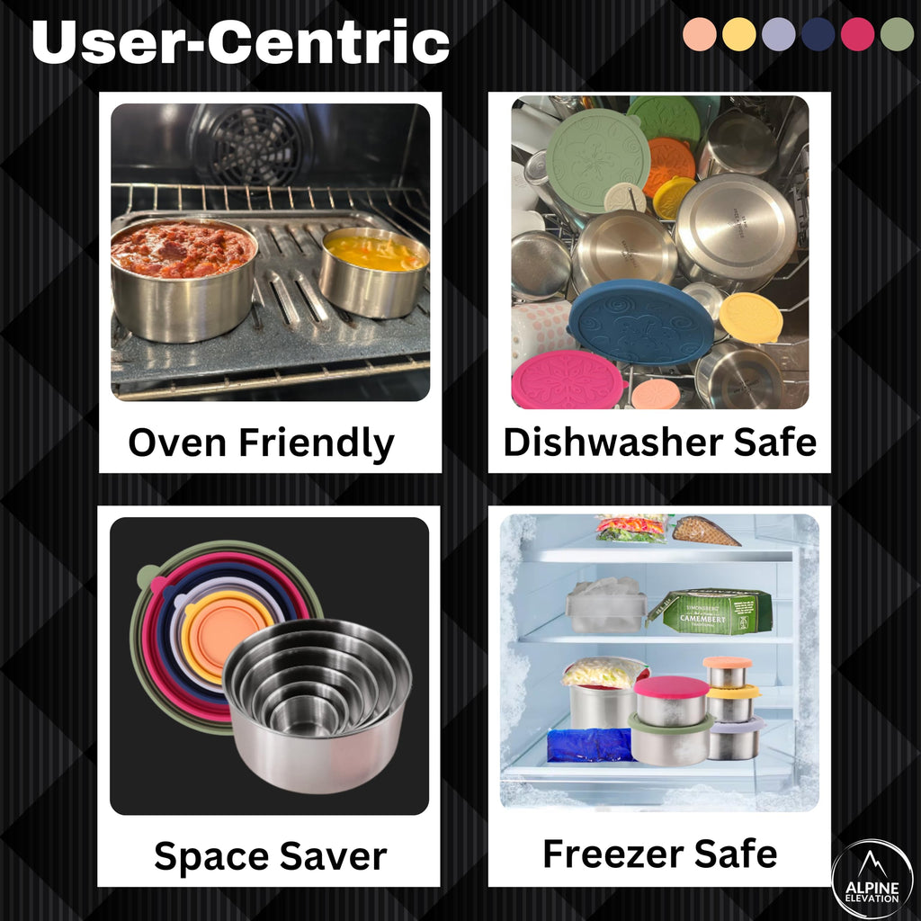 Alpine Elevation 12 Pcs - 6 Stainless Steel Containers + 6 Silicone Lids | 304 Stainless Steel Snack Container | Nesting Snack and Dip Containers | Metal Food Storage