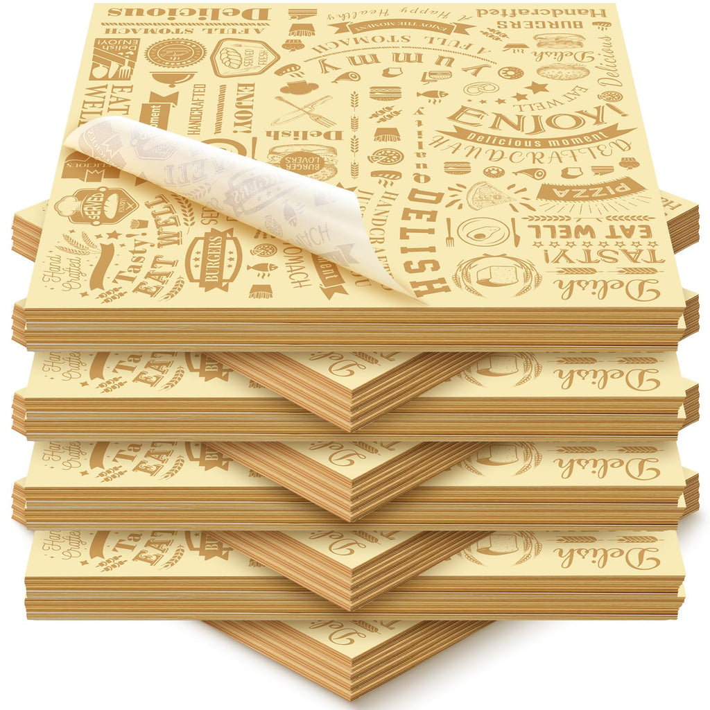 Outus 600 Pcs 12 x 12 Inch Deli Wax Paper Sheets Grease Resistant Tray Basket Liners Newsprint Paper Water and Grease Proof Sandwich Wrapping Square Hot Dog Wrappers for Food Baking (Light Yellow)