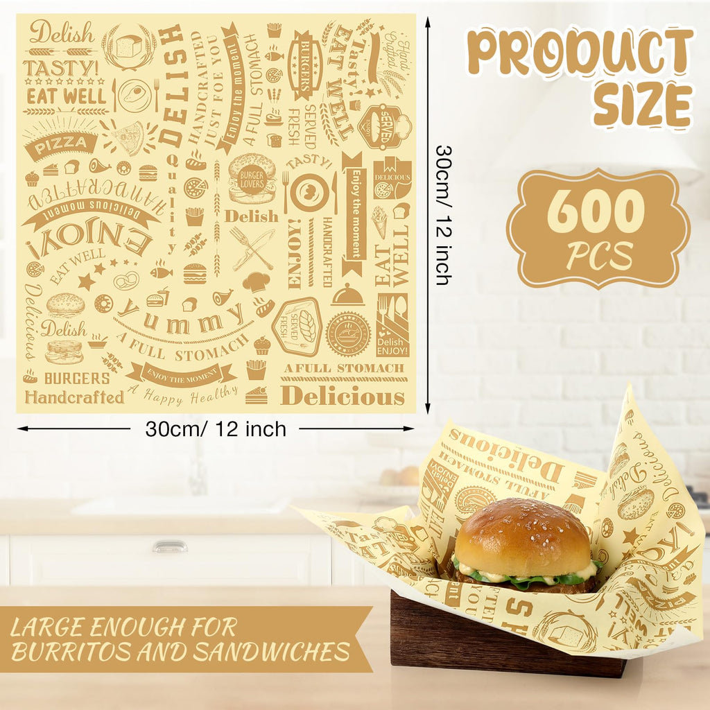 Outus 600 Pcs 12 x 12 Inch Deli Wax Paper Sheets Grease Resistant Tray Basket Liners Newsprint Paper Water and Grease Proof Sandwich Wrapping Square Hot Dog Wrappers for Food Baking (Light Yellow)