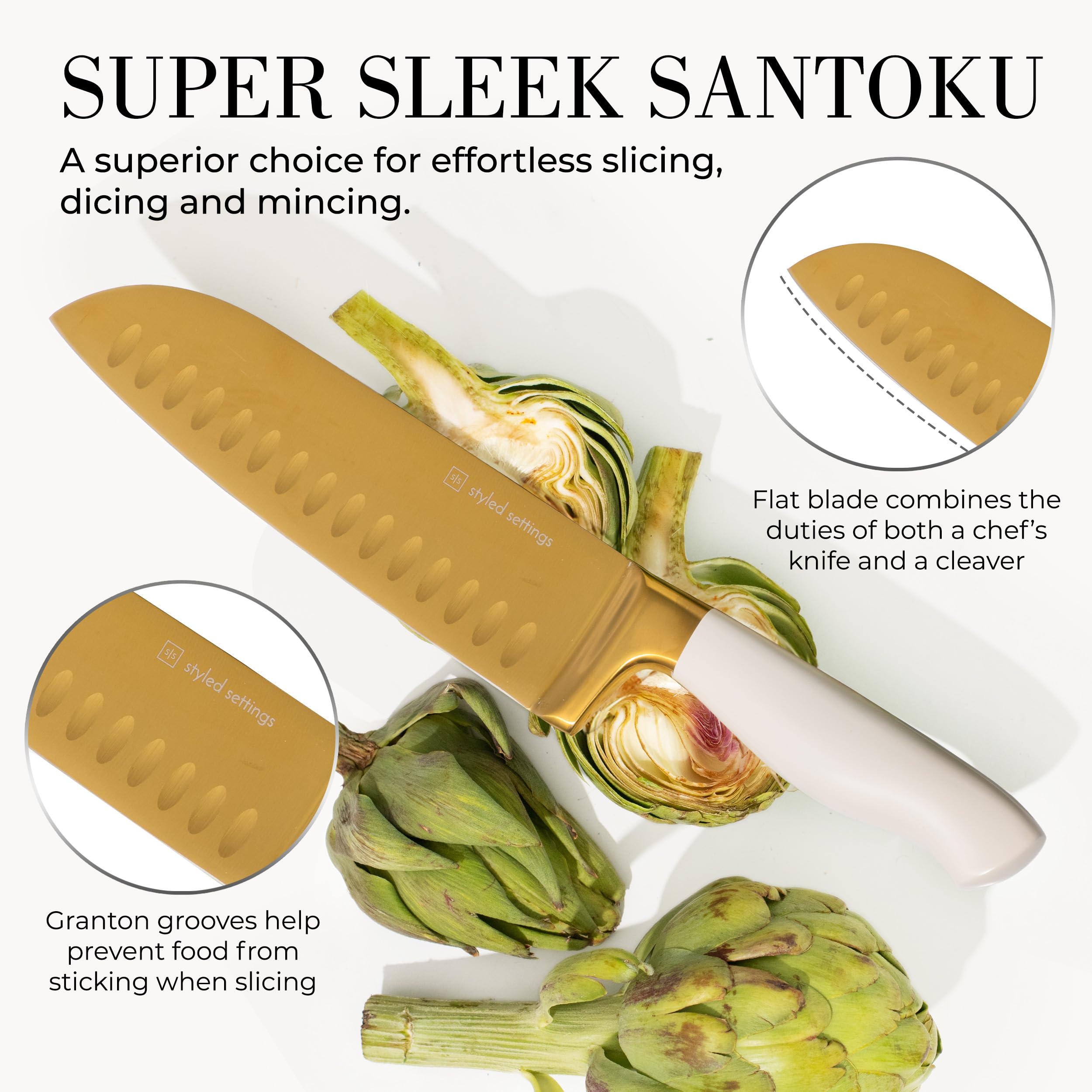 Styled Settings White and Gold Knife Set with Block and Sharpener 14-Piece