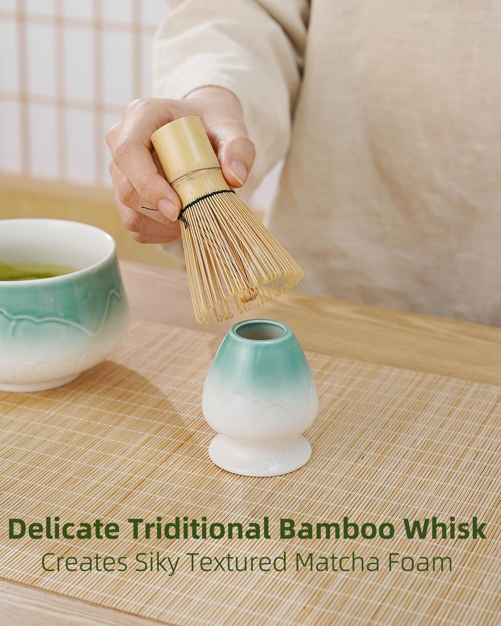ZENS Matcha Whisk Set, 5pcs Matcha Kit Set Includes Ceramic Bowl, Bamboo Whisk and Chasen Holder, Scoop & Tea Mat for Matcha Ceremony, Blue