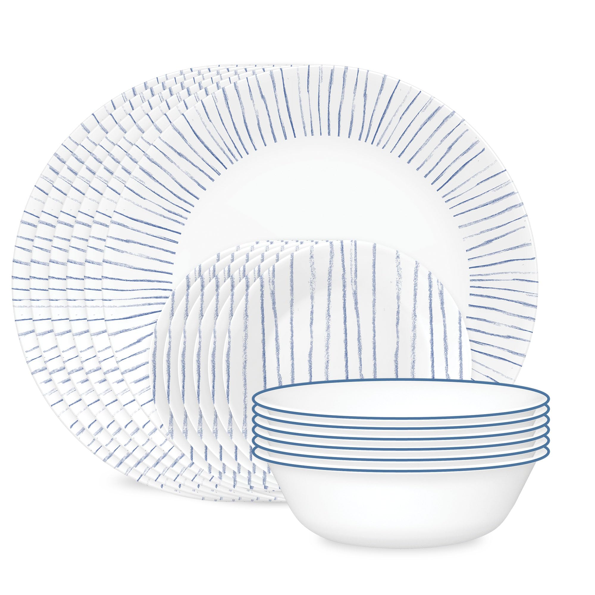 Corelle 18-Piece Dinnerware Set Service for 6, Lightweight Round Plates and Bowls Set, Vitrelle Triple Layer Glass, Chip Resistant, Microwave and Dishwasher Safe, Nautical Stripes