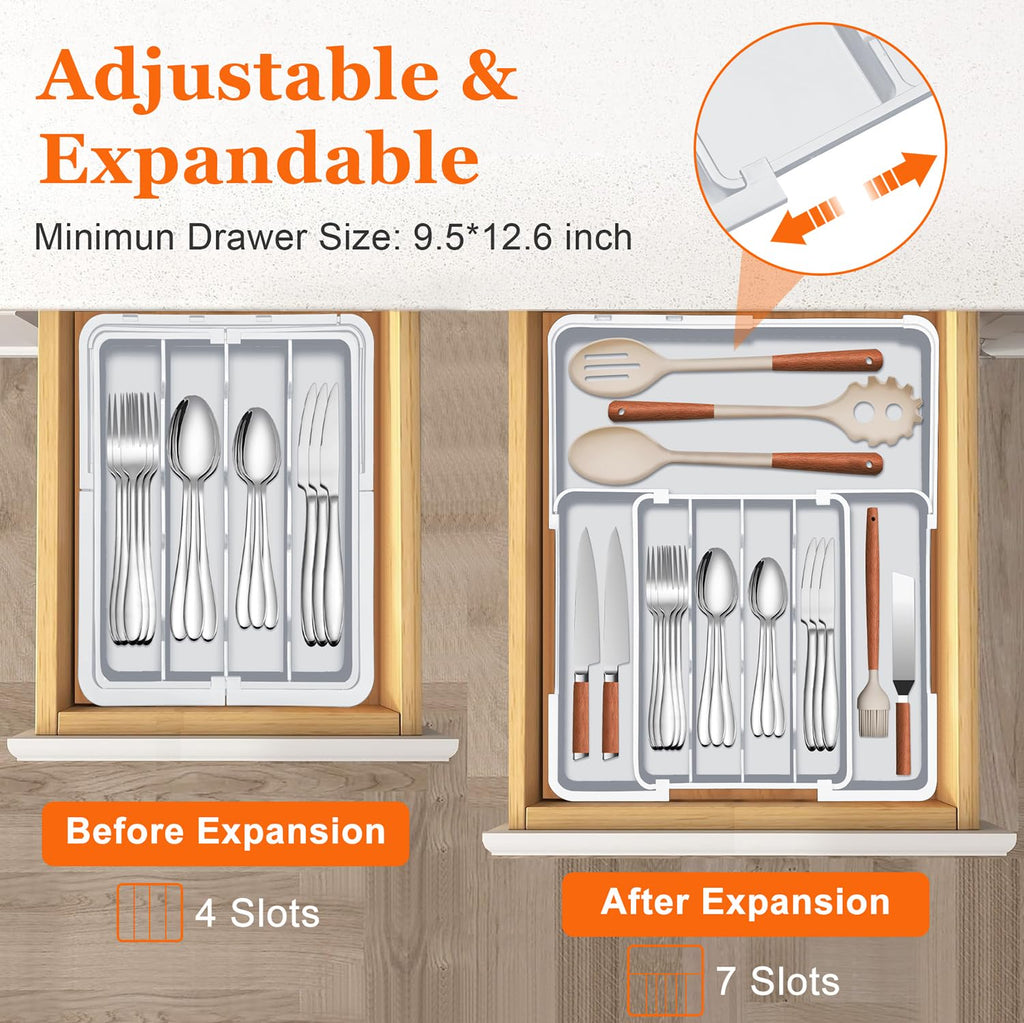 Spaclear Silverware Drawer Organizer Tray, Adjustable Cutlery Storage for Kitchen, Expandable Flatware and Utensil Holder Divider for Spoons Forks Knives Tableware, 15 x 19, 4-7 Slots, Gray